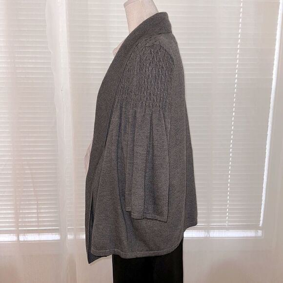 KENAR L Charcoal Gray Knit Open Front Shawl Collar Quarter Sleeve Cardigan - Picture 7 of 11